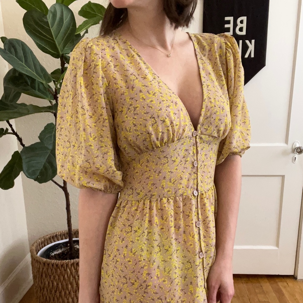 Yellow Floral Puff Sleeve Dress